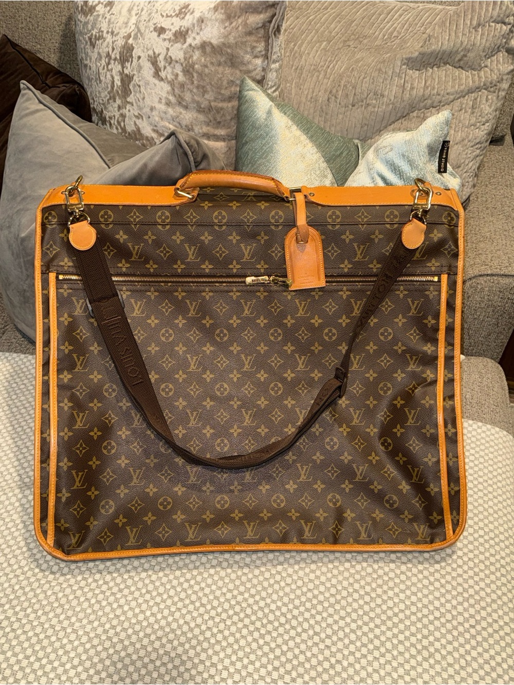 Louis Vuitton Brown Monogram Garment Bag with Tan Trim and Shoulder Strap